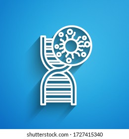 White line DNA symbol and virus icon isolated on blue background. Long shadow. Vector Illustration