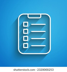 White line To do list or planning icon isolated on blue background. Long shadow. Vector