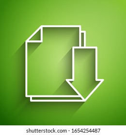White line Document with download icon isolated on green background. File document symbol.  Vector Illustration