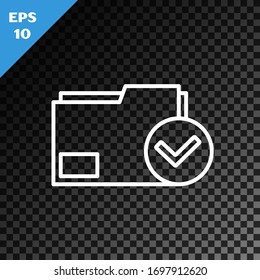 Weiße Zeile Dokumentordner und Markierungssymbol einzeln auf transparentem, dunklem Hintergrund. Checkliste-Symbol. Geschäftskonzept. Vektorillustration-Illustration