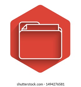 White line Document folder icon isolated with long shadow. Accounting binder symbol. Bookkeeping management. Red hexagon button. Vector Illustration