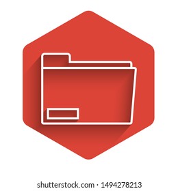 White line Document folder icon isolated with long shadow. Accounting binder symbol. Bookkeeping management. Red hexagon button. Vector Illustration