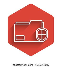 White line Document folder protection concept icon isolated with long shadow. Confidential information and privacy idea, guard, shield. Red hexagon button. Vector Illustration