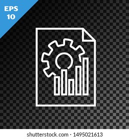 White line Document with graph chart icon isolated on transparent dark background. Report text file icon. Accounting sign. Audit, analysis, planning.  Vector Illustration