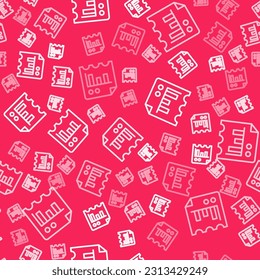 White line Document with graph chart icon isolated seamless pattern on red background. Report text file icon. Accounting sign. Audit, analysis, planning.  Vector