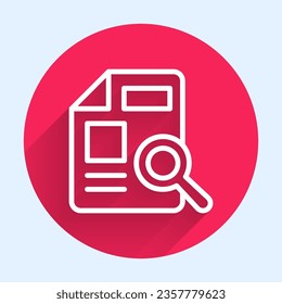 White line Document with graph chart icon isolated with long shadow background. Report text file icon. Accounting sign. Audit, analysis, planning. Red circle button. Vector