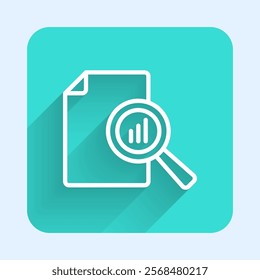 White line Document with graph chart icon isolated with long shadow background. Report text file icon. Accounting sign. Audit, analysis, planning. Green square button. Vector