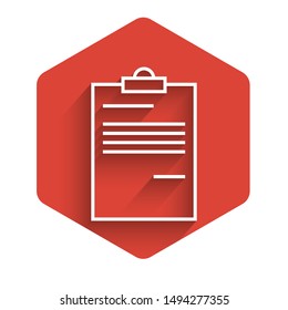 White line Document icon isolated with long shadow. File icon. Checklist icon. Business concept.  Red hexagon button. Vector Illustration