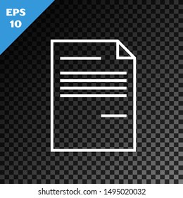 White line Document icon isolated on transparent dark background. File icon. Checklist icon. Business concept.   Vector Illustration