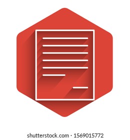 White line Document icon isolated with long shadow. File icon. Checklist icon. Business concept. Red hexagon button. Vector Illustration