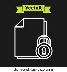 White line Document and lock icon isolated on black background. File format and padlock. Security, safety, protection concept.  Vector Illustration