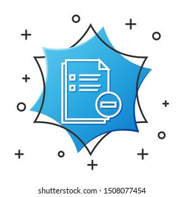 White line Document with minus icon isolated on white background. Clear document. Remove file document. Delete information file. Blue hexagon button. Vector Illustration