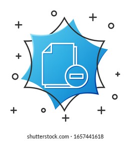 White line Document with minus icon isolated on white background. Clear document. Remove file document. Delete information file. Blue hexagon button. Vector Illustration