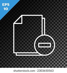 White line Document with minus icon isolated on transparent dark background. Clear document. Remove file document. Delete information file.  Vector Illustration