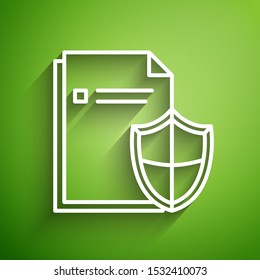 White line Document protection concept icon isolated on green background. Confidential information and privacy idea, secure, guard, shield.  Vector Illustration