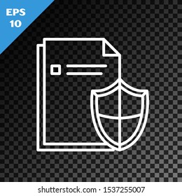 White line Document protection concept icon isolated on transparent dark background. Confidential information and privacy idea, secure, guard, shield.  Vector Illustration