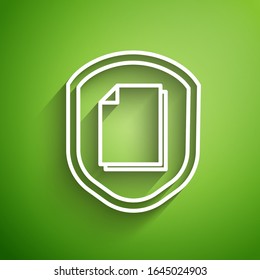 White line Document protection concept icon isolated on green background. Confidential information and privacy idea, secure, guard, shield.  Vector Illustration
