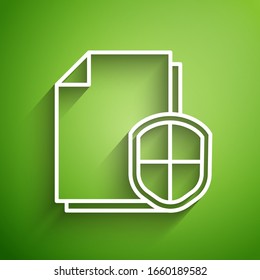 White line Document protection concept icon isolated on green background. Confidential information and privacy idea, secure, guard, shield.  Vector Illustration