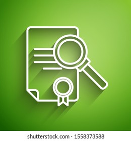 White line Document with search icon isolated on green background. File and magnifying glass icon. Analytics research sign.  Vector Illustration