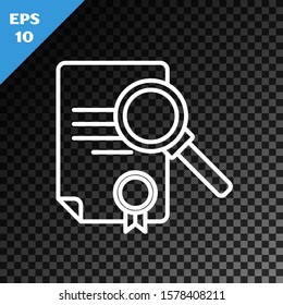 White line Document with search icon isolated on transparent dark background. File and magnifying glass icon. Analytics research sign.  Vector Illustration