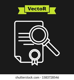 White line Document with search icon isolated on black background. File and magnifying glass icon. Analytics research sign.  Vector Illustration