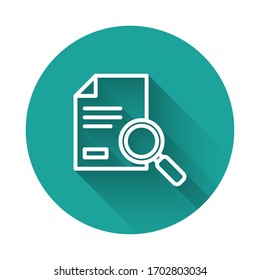 White line Document with search icon isolated with long shadow. File and magnifying glass icon. Analytics research sign. Green circle button. Vector Illustration