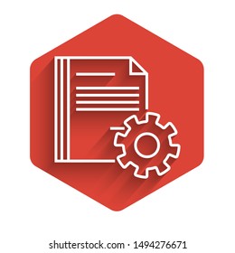 White line Document settings with gears icon isolated with long shadow. Software update, transfer protocol, teamwork tool management. Red hexagon button. Vector Illustration