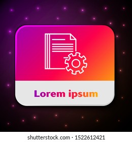 White line Document settings with gears icon isolated on black background. Software update, transfer protocol, teamwork tool management. Rectangle color button. Vector Illustration