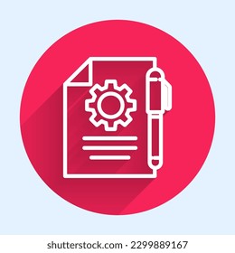 White line Document settings with gears icon isolated with long shadow. Software update, transfer protocol, teamwork tool management. Red circle button. Vector Illustration