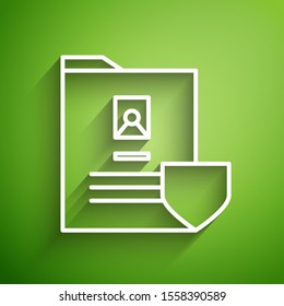 White line Document with shield icon isolated on green background. Insurance concept. Security, safety, protection, protect concept.  Vector Illustration