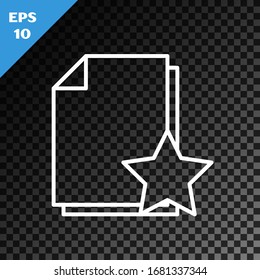 White line Document with star icon isolated on transparent dark background. Document best, favorite, rating symbol.  Vector Illustration