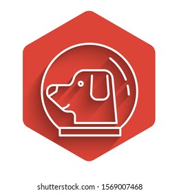 White line Dog in astronaut helmet icon isolated with long shadow. Red hexagon button. Vector Illustration