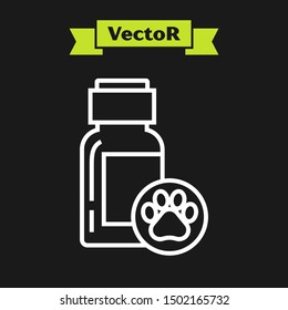 White line Dog medicine bottle icon isolated on black background. Container with pills. Prescription medicine for animal.  Vector Illustration