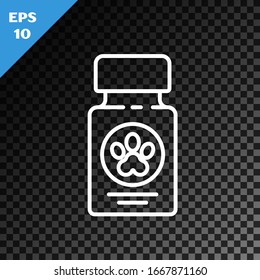 White line Dog medicine bottle and pills icon isolated on transparent dark background. Container with pills. Prescription medicine for animal.  Vector Illustration
