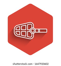 White line Dog muzzle icon isolated with long shadow. Red hexagon button. Vector Illustration
