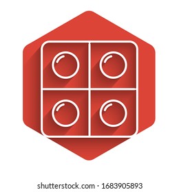 White line Dog and pills icon isolated with long shadow. Prescription medicine for animal. Red hexagon button. Vector Illustration