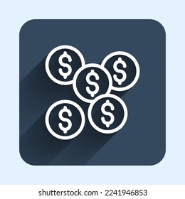 White line Dollar symbol icon isolated with long shadow background. Cash and money, wealth, payment symbol. Casino gambling. Blue square button. Vector