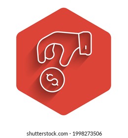 White line Donate or pay your zakat as muslim obligatory icon isolated with long shadow background. Muslim charity or alms in ramadan kareem before eid al-fir. Red hexagon button. Vector