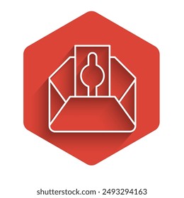 Línea blanca Donar o pagar su zakat como icono musulmán obligatorio aislado con fondo de sombra larga. Caridad musulmana o limosna en ramadán kareem antes del eid al-fir. Botón hexagonal rojo. Vector