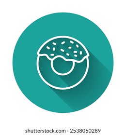 White line Donut with sweet glaze icon isolated with long shadow background. Green circle button. Vector