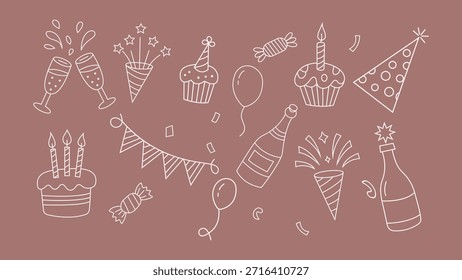 Un dibujo de garabatos de línea blanca de varios íconos de cumpleaños sobre un fondo malva, que incluye pasteles con velas, sombreros de fiesta, confeti, globos y Anuncios festivos, creando una atmósfera de celebración