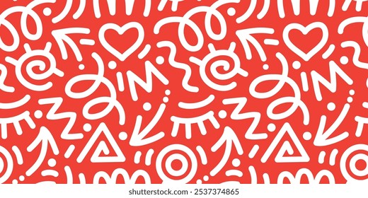 white line doodle pattern on red background. Collection of creative abstract art backgrounds for children or festive celebration designs. Simple childish doodle wallpaper print texture bundle.