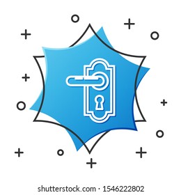 White line Door handle icon isolated on white background. Door lock sign. Blue hexagon button. Vector Illustration