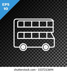 White line Double decker bus icon isolated on transparent dark background. London classic passenger bus. Public transportation symbol.  Vector Illustration