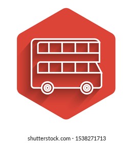 White line Double decker bus icon isolated with long shadow. London classic passenger bus. Public transportation symbol. Red hexagon button. Vector Illustration