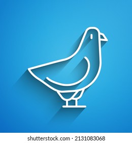 White line Dove icon isolated on blue background. Long shadow. Vector