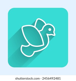 White line Dove icon isolated with long shadow. Green square button. Vector