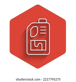 White line Drain cleaner bottle icon isolated with long shadow. Water pipes cleaning. Plumbing repair symbol. Red hexagon button. Vector