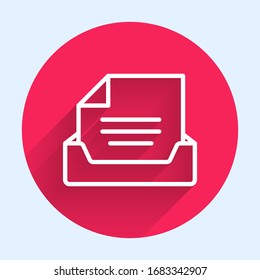 White line Drawer with document icon isolated with long shadow. Archive papers drawer. File Cabinet Drawer. Office furniture. Red circle button. Vector Illustration