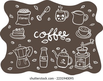 white line drawing brown background About ingredients for making tea and coffee cute lines.